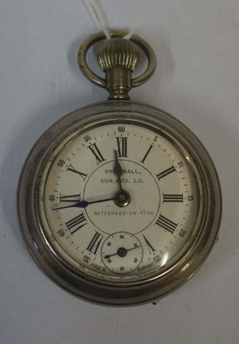 A White Metal Pocket Watch by Snowball, Son & Co, LD, Gateshead-on-Tyne, Made in Germany,