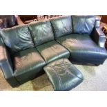 A Green Leather Corner Sofa, 73cm high, 230cm wide, with a matching footstool, (2)