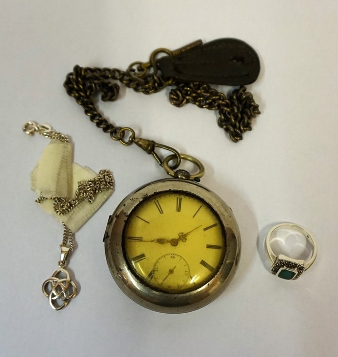 A Silver Pocket Watch, Enclosed in a gun metal case, with an Albert chain, also with a silver - Image 3 of 3