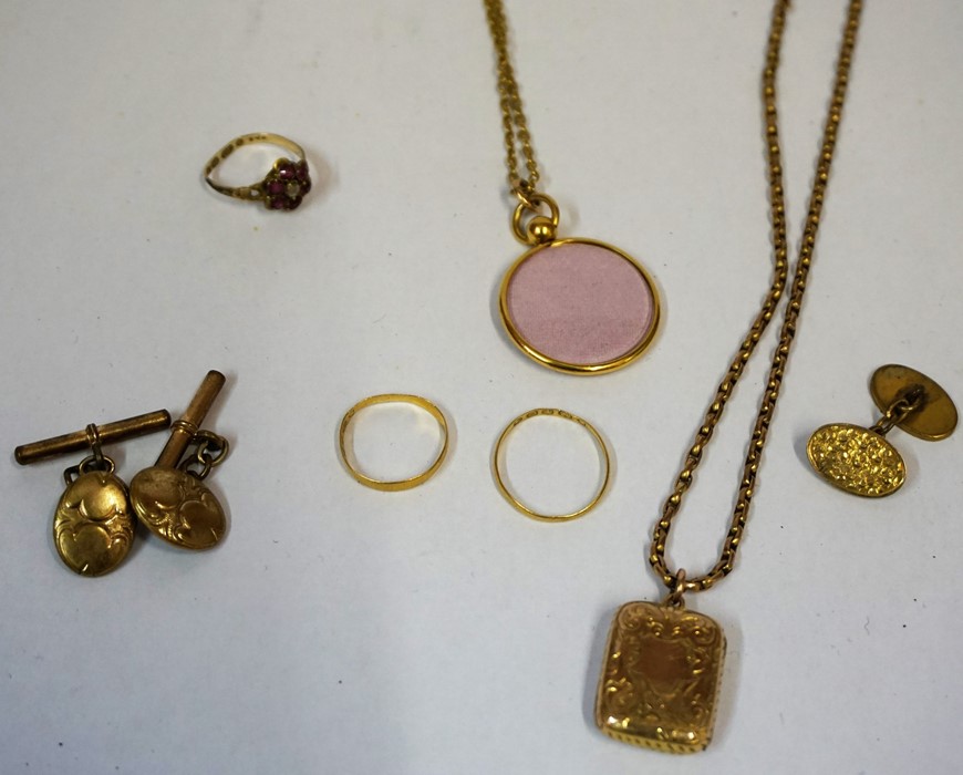 A Mixed Lot of Gold and Yellow Metal Jewellery, To include two 22ct gold bands, weighing 1.8