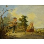 Continental School "Children Playing with Farm Animals" Oil on Board, a pair, circa 19th century,