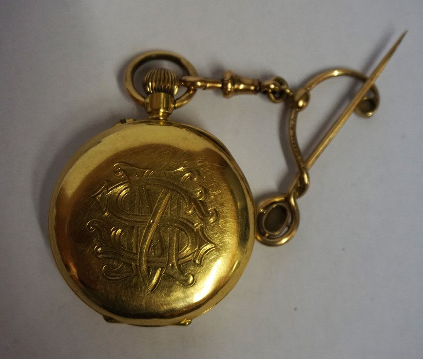 An 18 carat Gold Half Hunter Fob Watch, Stamped 18k, monogrammed to back and engraved to inside, - Image 2 of 2