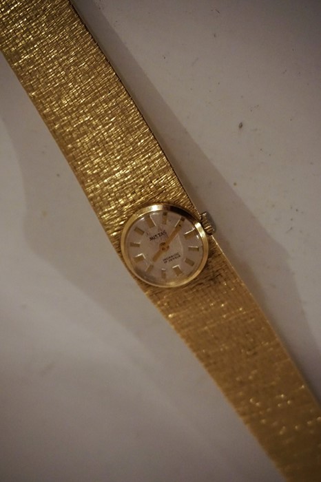 A Mistas 14ct Gold Ladies Wristwatch, The silvered dial having baton numerals, stamped 14k to - Image 2 of 2