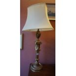 A Victorian Style Gilded Metal Table Lamp, 59cm high,with shade, fitted for electricity