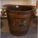 A 19th Century Coopered Fire Bucket, With a leather carry handle, raised on brass mounts, above a