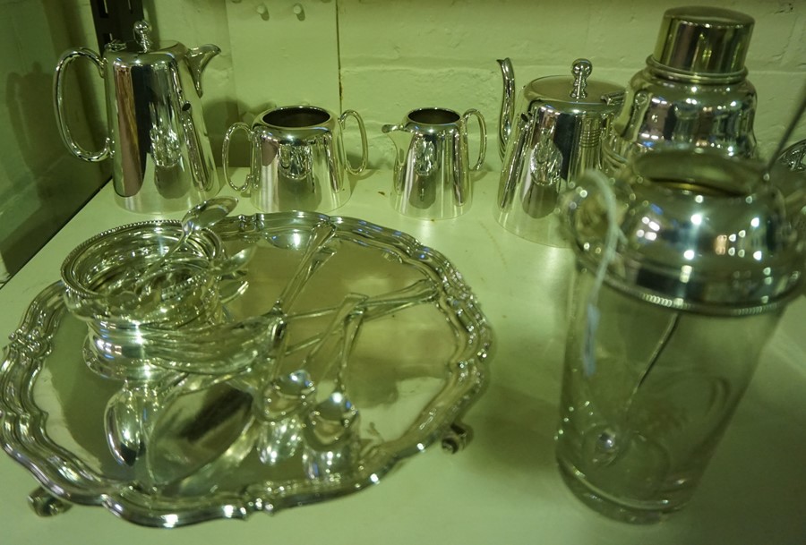 A Quantity Of Silver Plated Wares, To include a four piece hotel tea set, a cocktail shaker, a