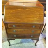 A Mahogany Inlaid Writing Bureau, With a fall front above three drawers, 101cm high, 74cm wide, 44cm