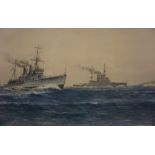 Frank Watson Wood (1862-1953) "HMS Tiger and HMS Ajax", Watercolour, signed and dated 1931 to