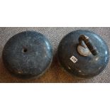 Two Antique Granite Curling Stones, One with handle, 31cm diameter, (2)