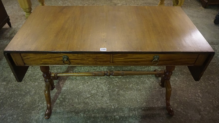 A Walnut Sofa Table, With two small drawers above under stretcher, raised on turned columns and