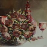 "Walker" Contemporary "Still Life of Flowers and Decanter with Wine Glasses" Oil on Board, signed
