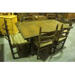 An Oak Priory Style Dining Room Suite, 20th century, Comprising of a sideboard, dining table and six