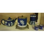 Three Pieces of Wedgwood Blue Jasper Ware Pottery, Comprising of a tea pot, biscuit barrel and water