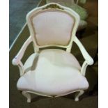 A French Style White Painted Elbow Chair, With a pink upholstered back rest and seat, 85cm high