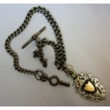 A Victorian Silver Albert Chain, with a silver T bar, also with a silver fob with a gold cartouche