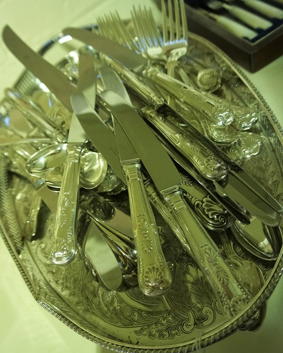 A Quantity of Silver Plated Kings Pattern Cutlery, Approximately 60 pieces, on a plated gallery