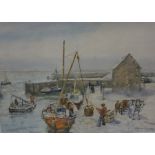 Andrew Archer Gamley RSW (Scottish 1869-1949) "Unloading the Catch-Winter Pittenweem Harbour Fife"