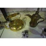 A Mixed Lot of Brass and Plated Wares, To include a brass toddy kettle with an amber glass handle, a