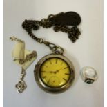 A Silver Pocket Watch, Enclosed in a gun metal case, with an Albert chain, also with a silver