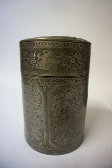 Two Chinese Pewter Cylindrical Tea Caddy,s with Covers, circa early 20th century, Decorated with - Image 6 of 6