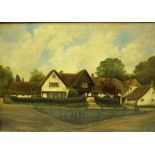 British School "Thatched Cottage" Oil on Canvas, Signed indistinctly to lower right, 39.5cm x 59.