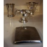 A Mixed Lot of Silver, To include an engraved cigarette case, a christening mug, bowl, two handled