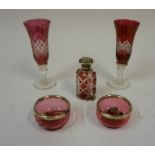 A Pair of Cranberry Glass Salt Cellars, With silver collars and spoons, circa early 20th century,