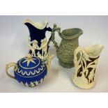 Three Victorian Relief Moulded Jugs, One example named "Dancing Amorini" probably by Minton,