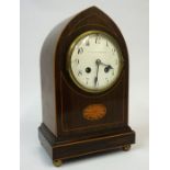 An Edwardian Mahogany Inlaid Lancet Form Mantel Clock by Mappin & Webb, The twin train white