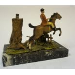 A Cold Painted Spelter Table Vesta, Modelled as a hunting scene, raised on a marble effect plinth,