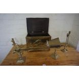 A Quantity of Brass Wares, To include a coal box, two pairs of candlesticks, fire irons, etc