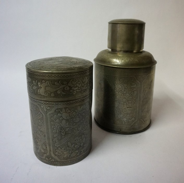 Two Chinese Pewter Cylindrical Tea Caddy,s with Covers, circa early 20th century, Decorated with - Image 4 of 6
