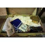 A Quantity of Vintage Silk and Linen Clothing, In a vintage suitcase