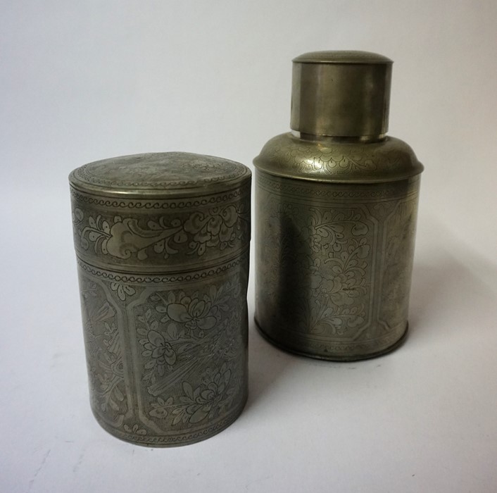 Two Chinese Pewter Cylindrical Tea Caddy,s with Covers, circa early 20th century, Decorated with