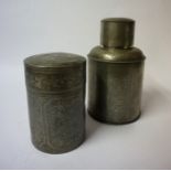 Two Chinese Pewter Cylindrical Tea Caddy,s with Covers, circa early 20th century, Decorated with