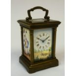 A Small Gilt Metal Cased Carriage Clock, With enamel dial and side panels, 10cm high, with key