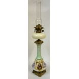 A Late Victorian Porcelain Oil Lamp by Hinks & Son, Decorated with portrait and floral panels,