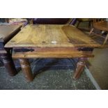 Two Rustic Hardwood Occasional Tables, Of square form, 40cm high, (2)