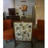 A Wrought Iron Telescopic Stand, 110cm high, also with a Vintage copper tea kettle and a firescreen,