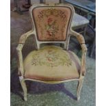 A French Painted Elbow Chair, Upholstered in needlepoint fabric, 86cm high