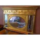 A Regency Style Gilded Triptych Overmantel Mirror, 20th century, 81cm high, 132cm wide