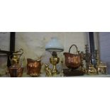 A Mixed Lot of Brass and Copper Wares, To include a tea kettle, a coal helmet, oil lamp, etc, (a