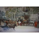 Ludovic "Horse Drawn Carriages" Print, signed to lower left, 37cm x 65cm, in an oak frame