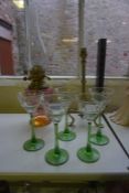 Five Matching Art Nouveau Hock Glasses, Having green stems, also with a Duplex oil lamp, a Benson