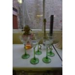 Five Matching Art Nouveau Hock Glasses, Having green stems, also with a Duplex oil lamp, a Benson