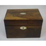 A Regency Rosewood Tea Caddy, Having a mother of pearl cartouche and escutcheon, lacking mixing jar,