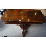 A William IV Rosewood Fold Over Card Table, Having a swivel top enclosing a green felt interior,