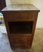 A Pair of Vintage French Oak Bedside Cabinets, With marble tops, 75cm high, 42cm wide, (2)