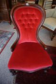 A Victorian Ladies Mahogany Framed Spoon Back Chair, Upholstered in later red button back velour,