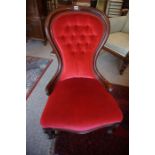 A Victorian Ladies Mahogany Framed Spoon Back Chair, Upholstered in later red button back velour,